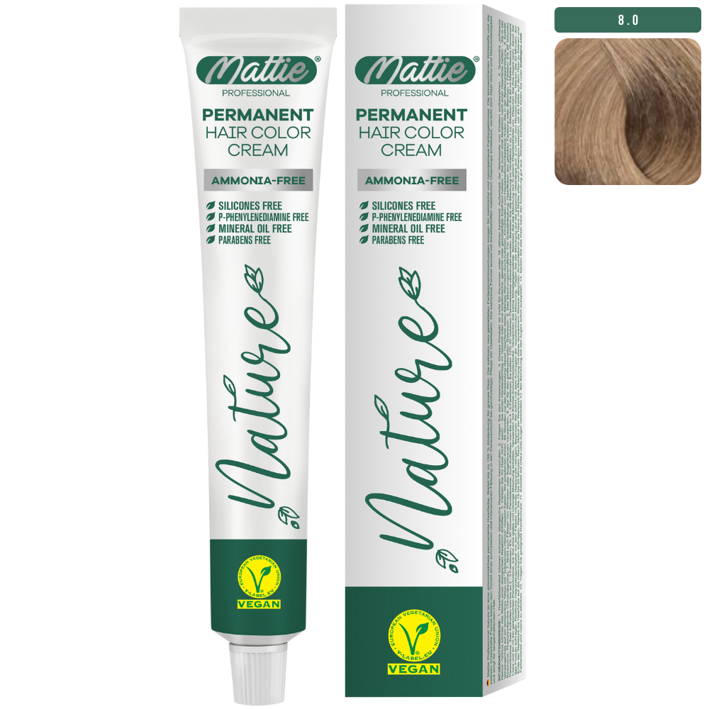 Mattie Professional Nature (8.0) Intense Light Blonde - Vegan Permanent Hair Color Cream 60ml